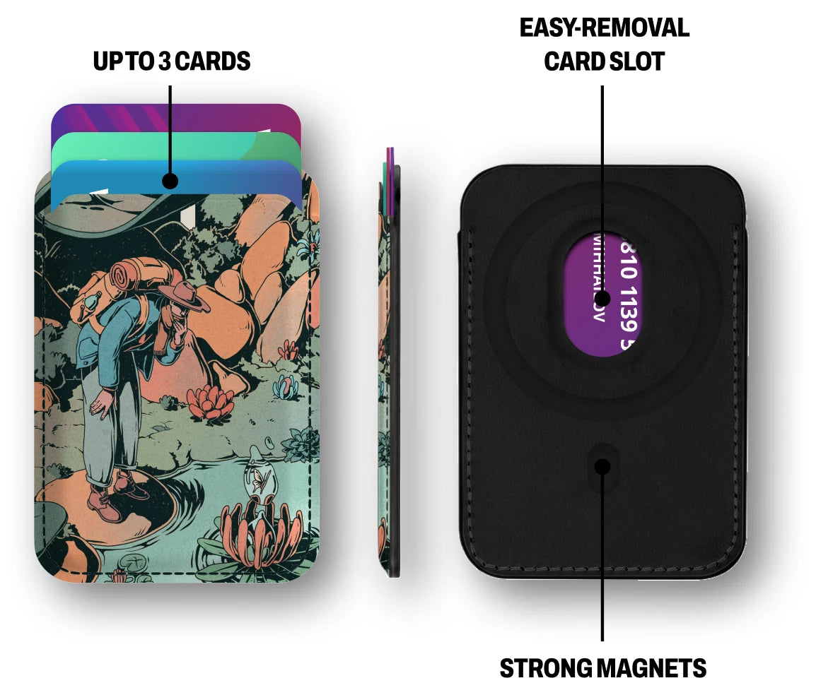 MagSafe wallet front, side and back: holds up to 3 cards, easy-removal card slot, strong magnets