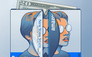 Illustration demonstrating the capacity of a Tyvek Paperwallet, showing an artist-designed slim wallet easily holding cash, a New York State ID, and an Amazon card, complete with RFID protection.
