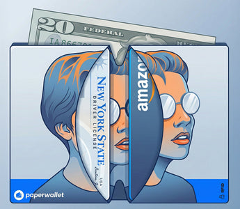 Illustration demonstrating the capacity of a Tyvek Paperwallet, showing an artist-designed slim wallet easily holding cash, a New York State ID, and an Amazon card, complete with RFID protection.