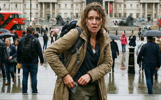 A distressed tourist standing in a rainy city square, frantically checking her empty front pocket.