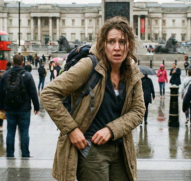 A distressed tourist standing in a rainy city square, frantically checking her empty front pocket.
