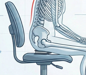 An x-ray style illustration of a person sitting in an office chair with a bulky wallet under their pelvis, causing their lower spine to curve unnaturally.