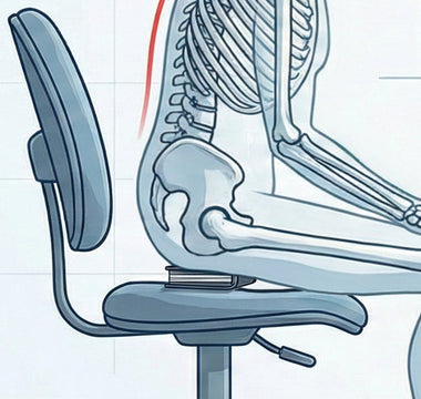 An x-ray style illustration of a person sitting in an office chair with a bulky wallet under their pelvis, causing their lower spine to curve unnaturally.