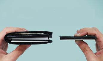 the micro wallet showing the difference between the micro and a normal bulky wallet